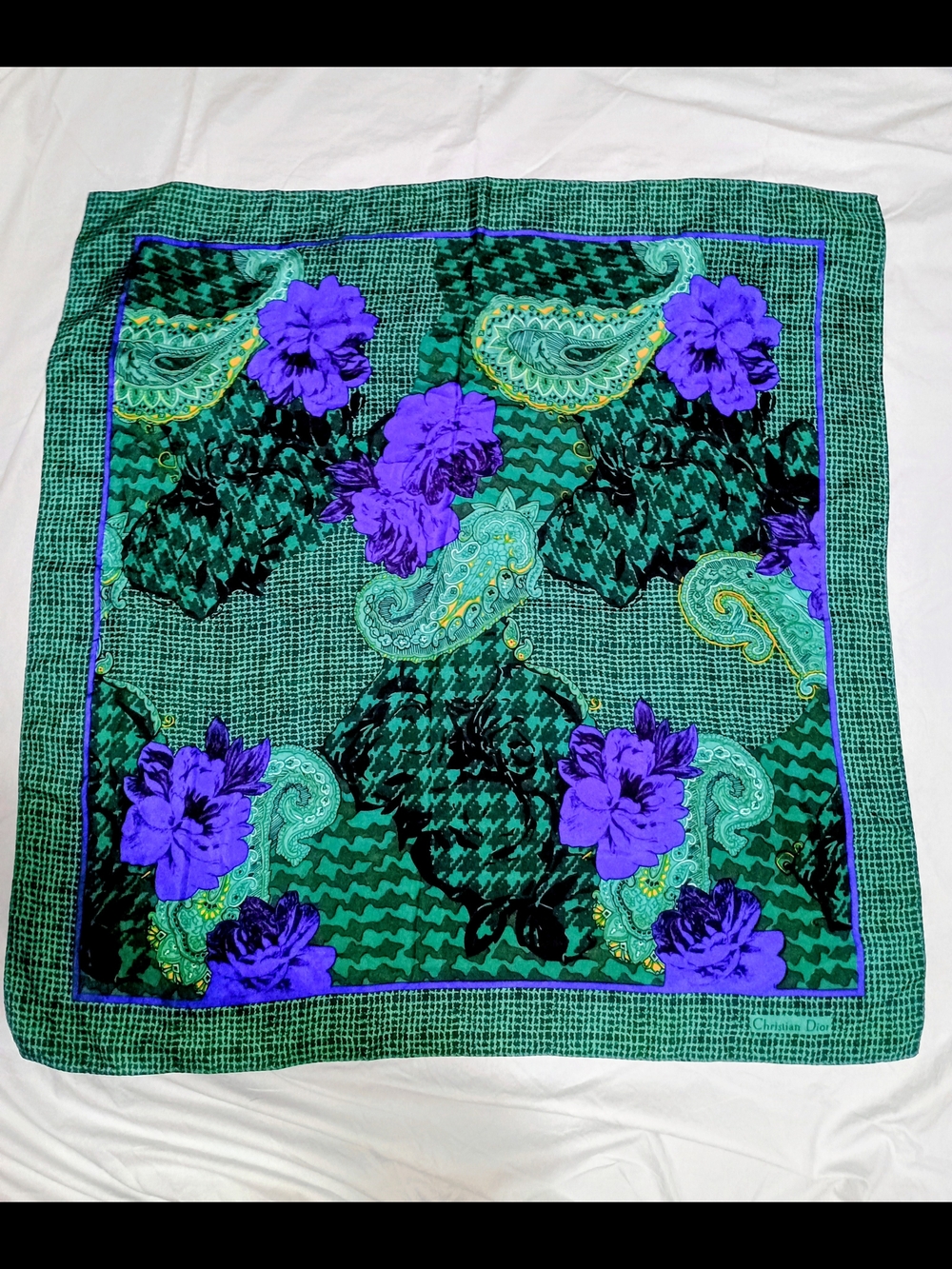 CHRISTIAN DIOR Green & Purple Floral Paisley Square Silk Scarf